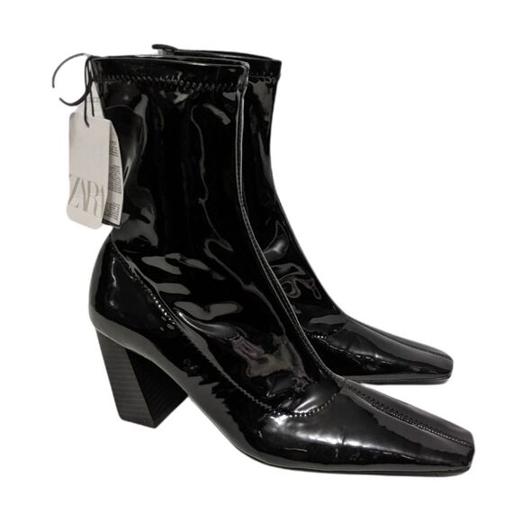 NWT ZARA Patent Angled Heel Stretch Sock Ankle Boots 38 - Picture 1 of 7